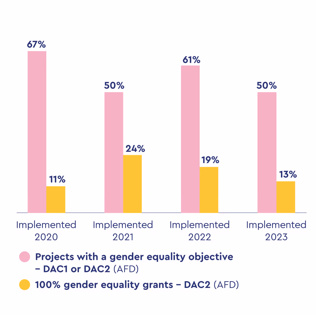 Évolution des projets avec un objectif genre et des subventions 100 % genre entre 2020 et 2023. 