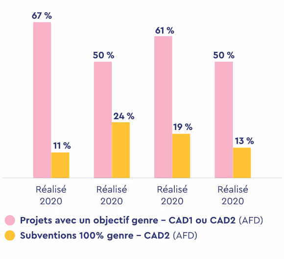 Évolution des projets avec un objectif genre et des subventions 100 % genre entre 2020 et 2023. 