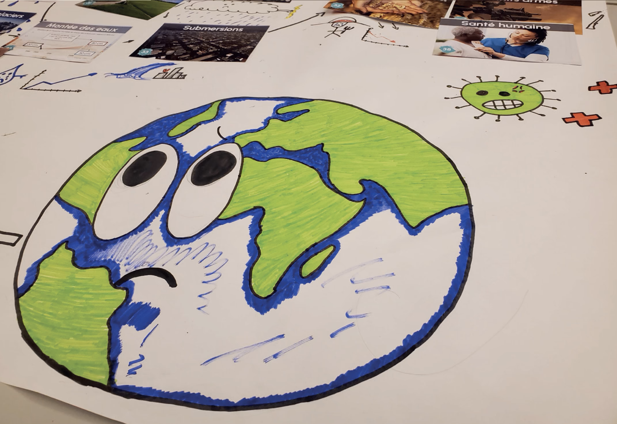 Dessin représentant la Terre avec un visage triste, entourée de symboles liés à la santé et à l’environnement.